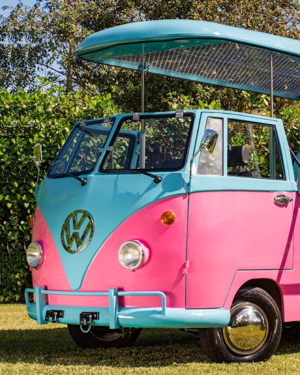 The pink and teal Sweet Lich's Cookie Caravan VW bus